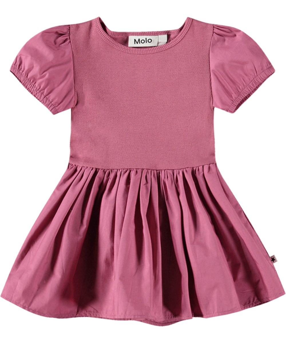 Caitlin - Dark Rose - Rosa Öko-Baumwollkleid für Kinder mit geripptem Oberteil und Popeline-Rock.