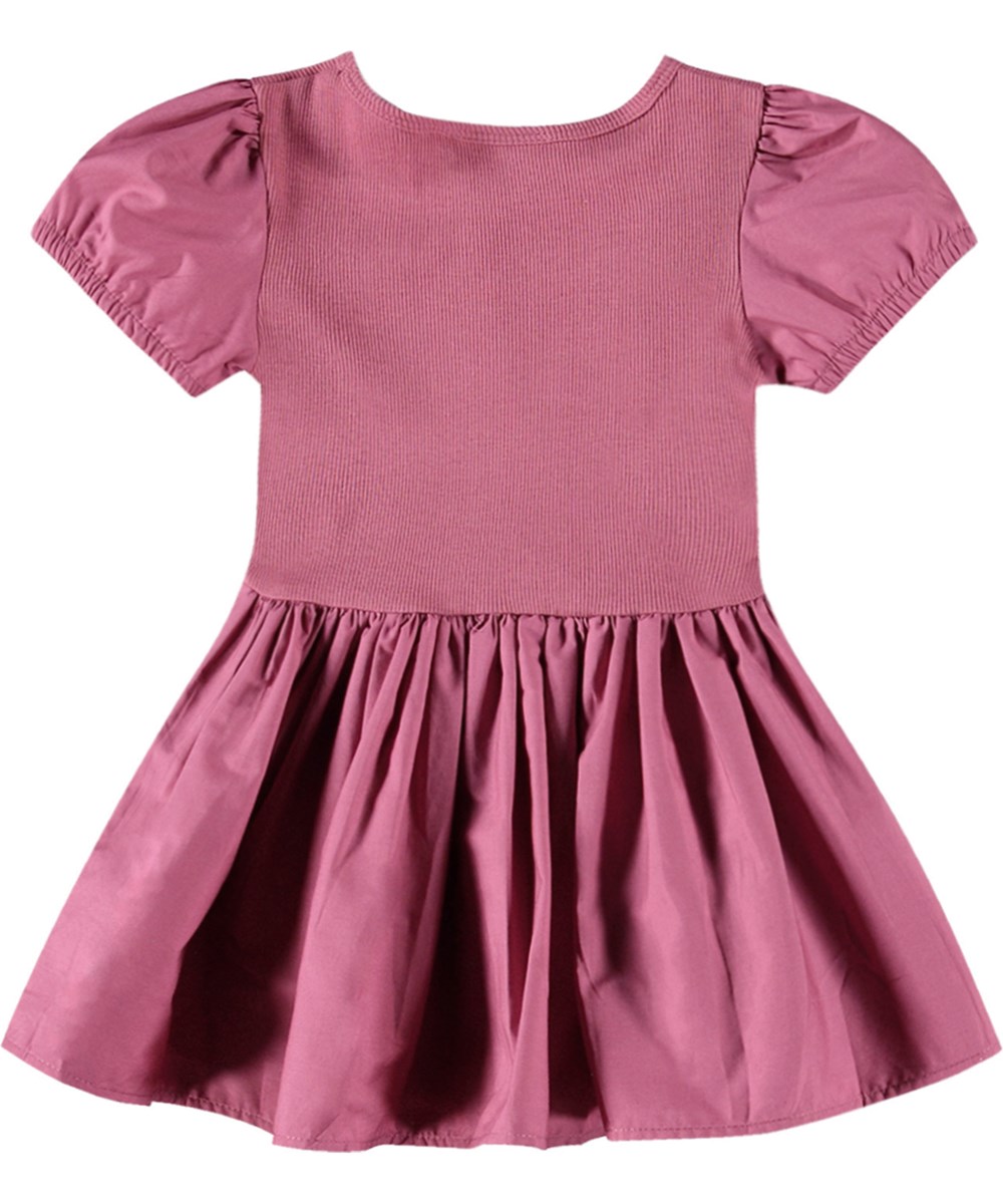 Caitlin - Dark Rose - Rosa Öko-Baumwollkleid für Kinder mit geripptem Oberteil und Popeline-Rock.