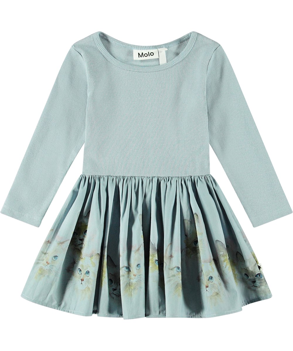 Candi - Blue Kittens - Blaues langärmeliges Kleid aus Öko-Baumwolle mit niedlichem Katzenmuster.