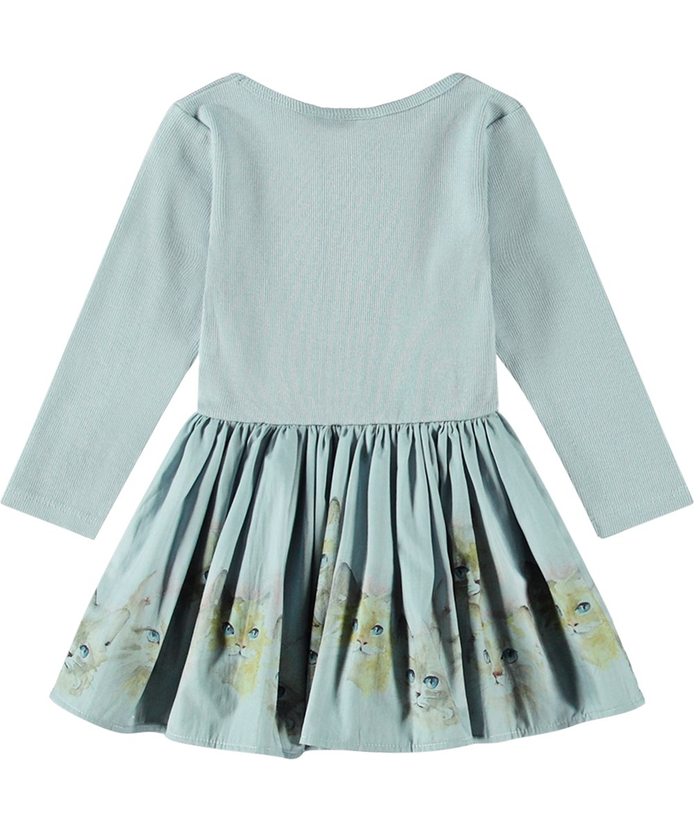 Candi - Blue Kittens - Blaues langärmeliges Kleid aus Öko-Baumwolle mit niedlichem Katzenmuster.