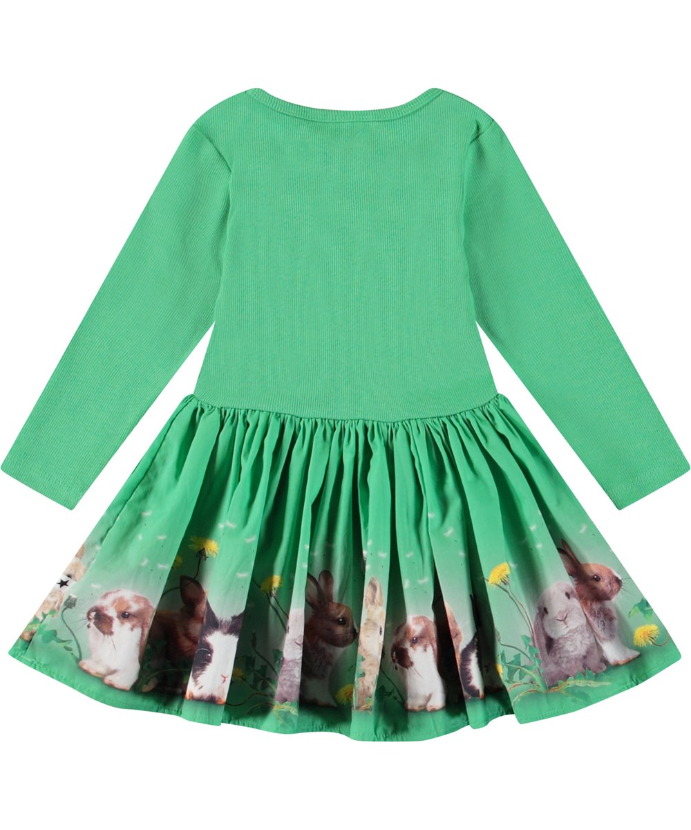 Candi - Bonnie Patch - Langärmeliges Kleid für Babys aus Öko-Baumwolle. Das Kleid ist grün mit einem Aufdruck von Hasen und Löwenzahn.