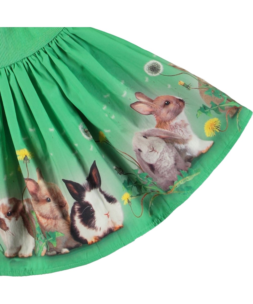 Candi - Bonnie Patch - Langärmeliges Kleid für Babys aus Öko-Baumwolle. Das Kleid ist grün mit einem Aufdruck von Hasen und Löwenzahn.