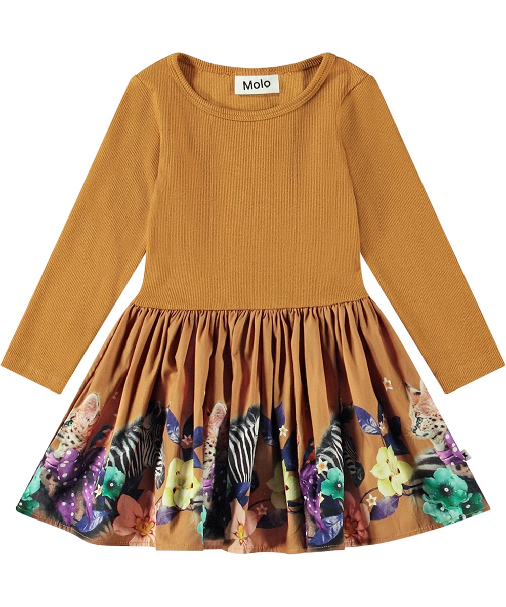 Candi - Friendly Zebra - Braunes langärmeliges Kleid aus Öko-Baumwolle mit Zebra-Katzen und bunten Blumen