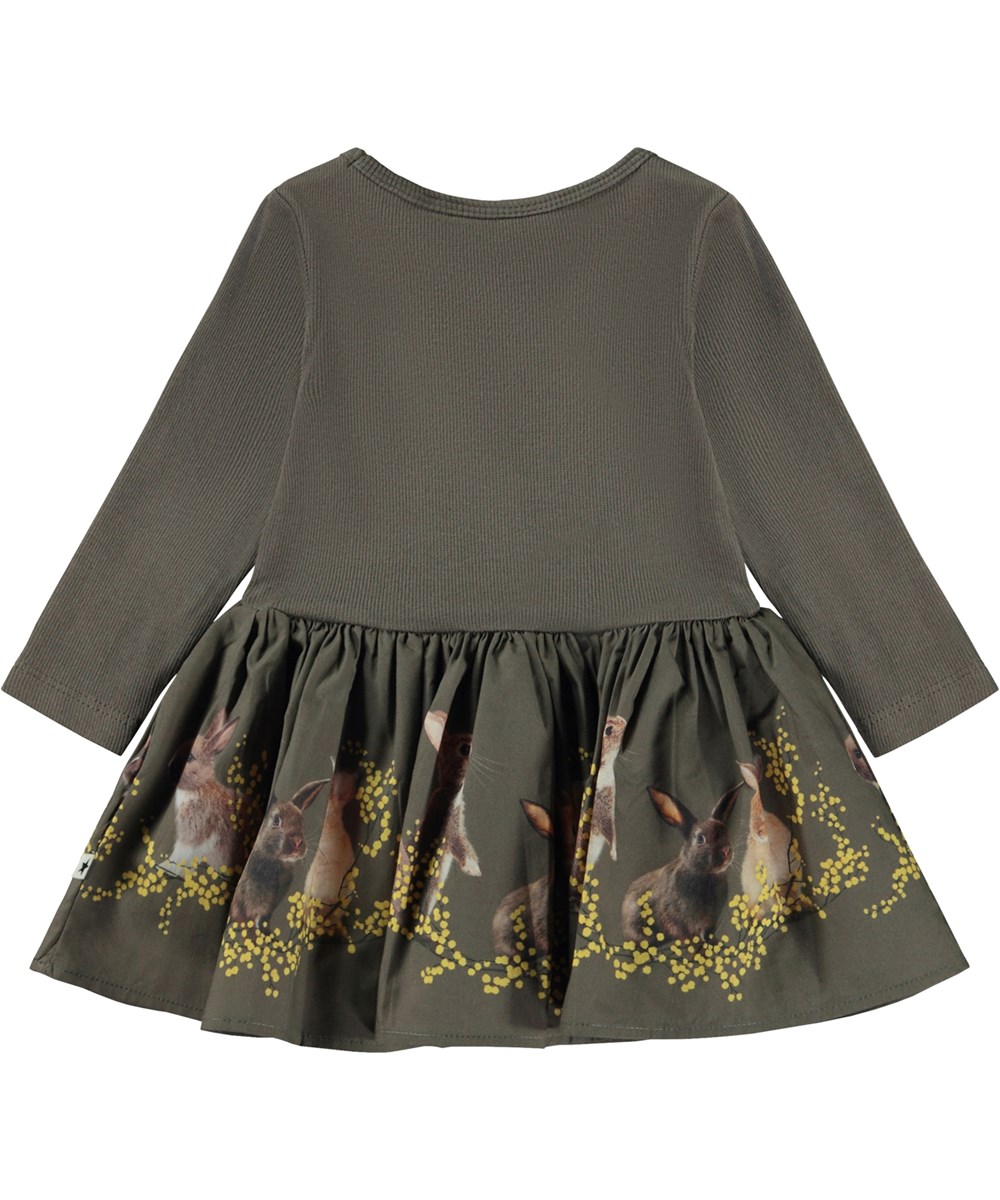 Candi - Mimosa Bunnies - Braunes Öko-Babykleid mit Kaninchenaufdruck