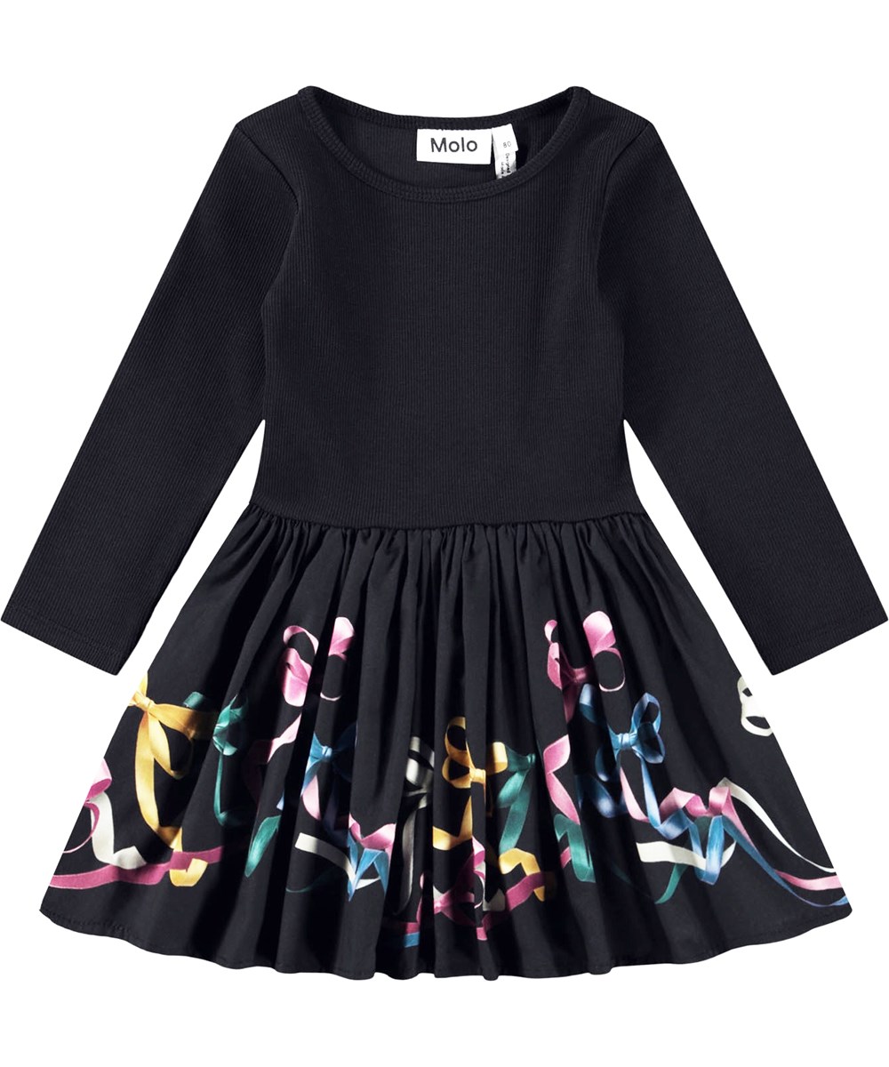 Candi - Silk Ribbons - Langärmeliges Kleid für die Kleinen aus Öko-Baumwolle. Das Kleid ist schwarz mit schönen bunten Bändern.