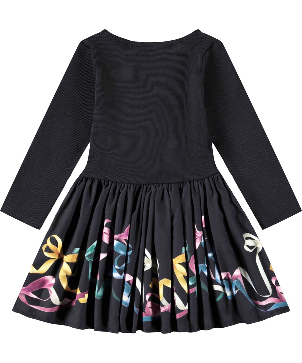 Candi - Silk Ribbons - Langärmeliges Kleid für die Kleinen aus Öko-Baumwolle. Das Kleid ist schwarz mit schönen bunten Bändern.