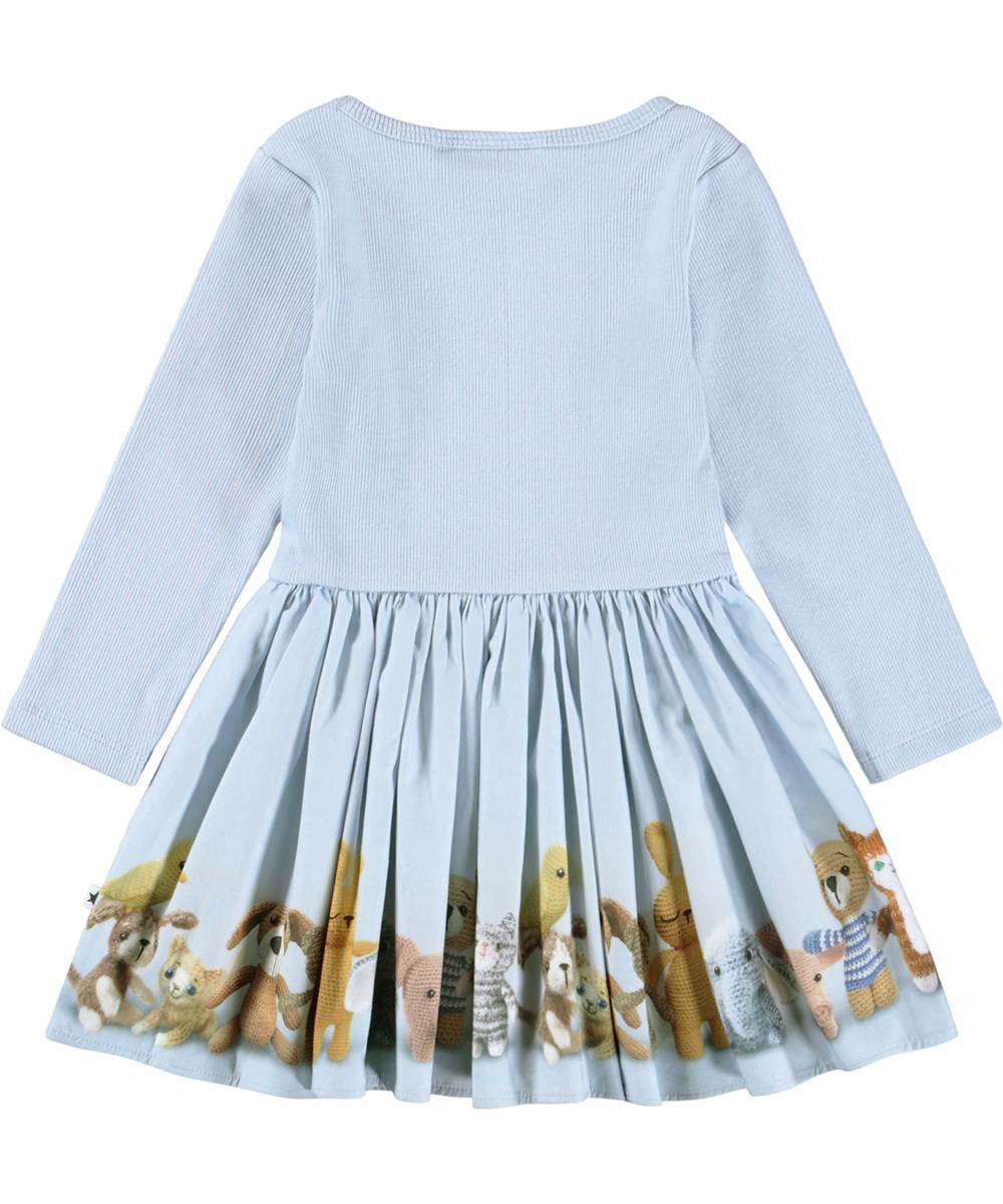 Candi - Teddy Collection - Langärmeliges Kleid für die Kleinen aus Öko-Baumwolle. Das Kleid ist hellblau mit gehäkelten Teddybären.