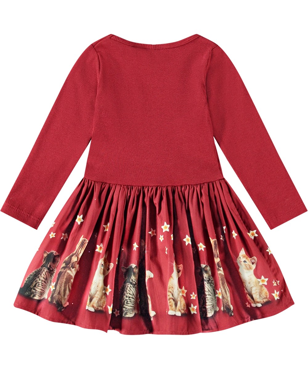Candi - Velvety Kittens - Rotes langärmeliges Kleid aus Öko-Baumwolle mit verspieltem Kätzchenmuster.