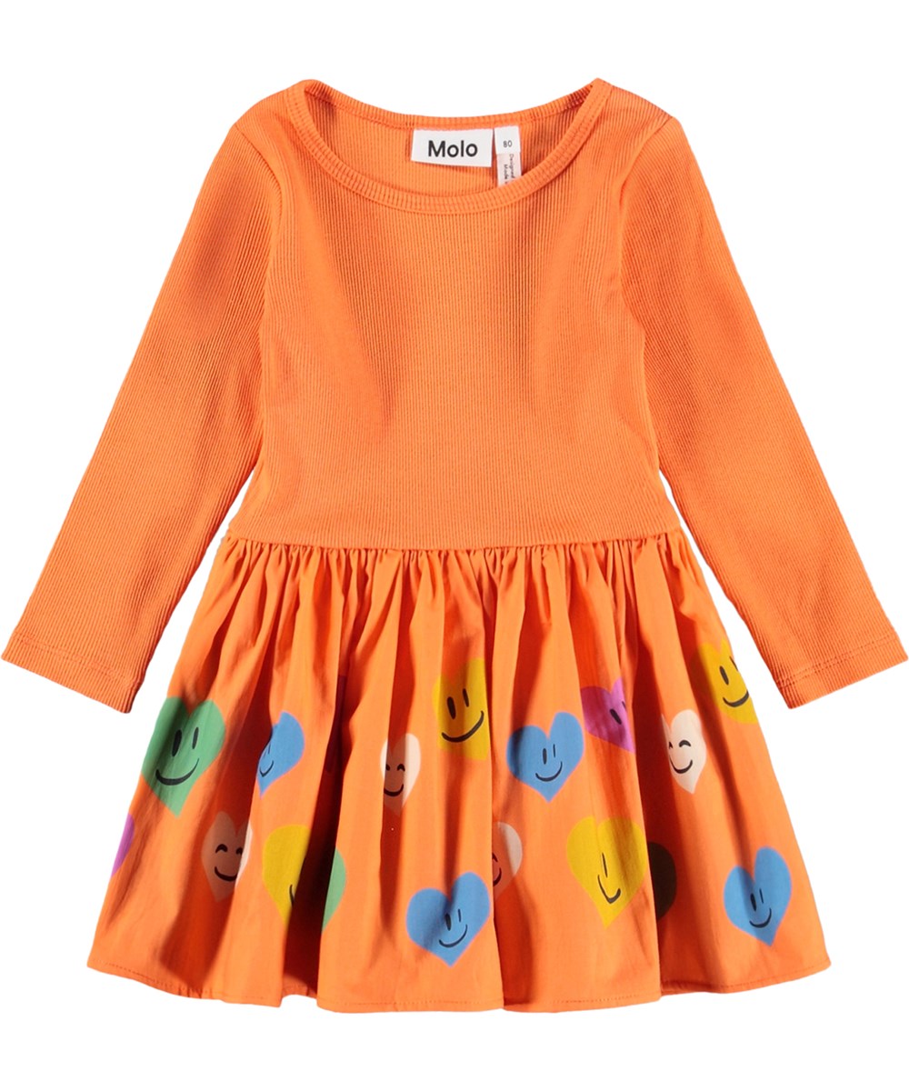 Candi - Vibrant Hearts - Langärmliges, oranges Kleid für die Kleinen mit Herzmuster und Poplinrock