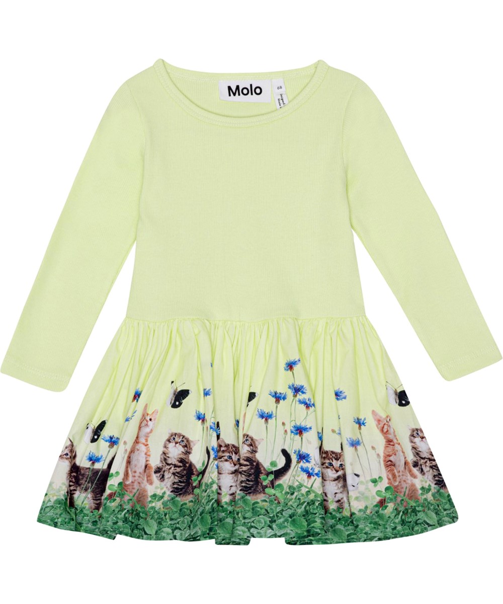 Candi - Yin Yang Kitten - Pastellgelbes Langarmkleid mit rund geschnittenem Rock aus Öko-Baumwolle.