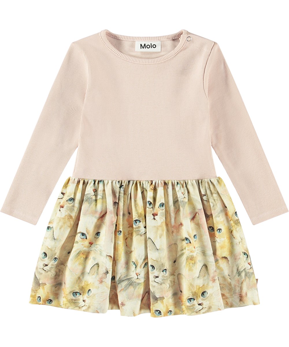 Carel - Aquarelle Cats - Rosa Öko-Baumwollkleid für die Kleinen mit Wasserfarben-Katzenprint.