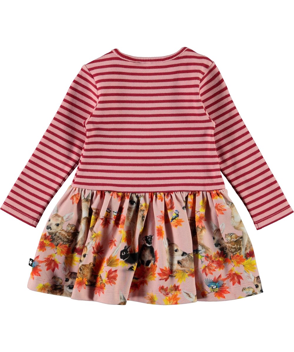 Carel - Autumn Fawns - Öko rosa Babykleid mit Streifen und Hirsch