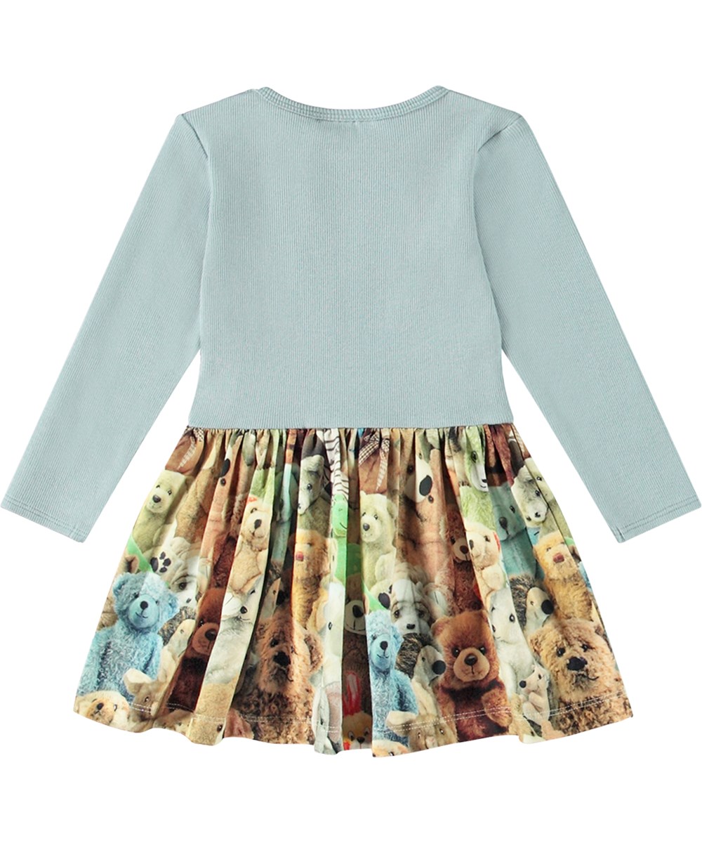 Carel - Teddy Friends - Blaues langärmeliges Kleid aus Öko-Baumwolle mit Teddybär-Print.