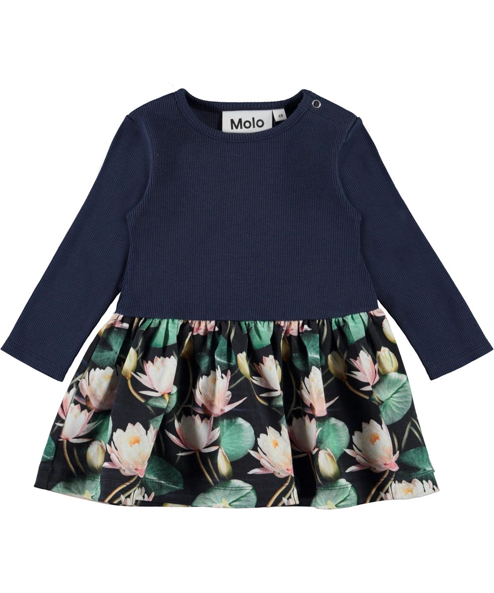 Carel - Water Lilies - Öko dunkelblaues Babykleid mit Aquarelldruck