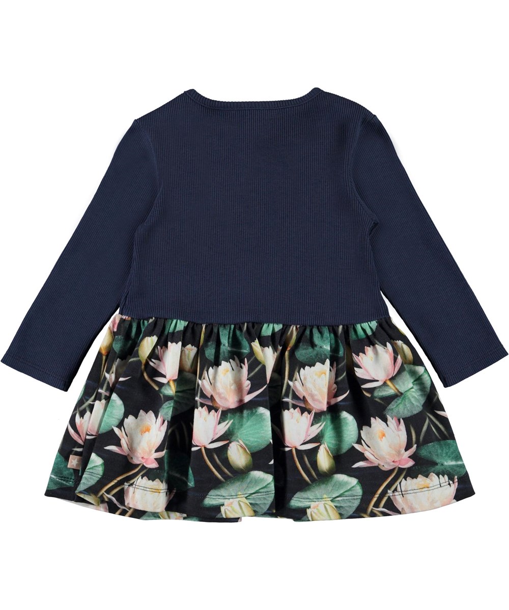Carel - Water Lilies - Öko dunkelblaues Babykleid mit Aquarelldruck