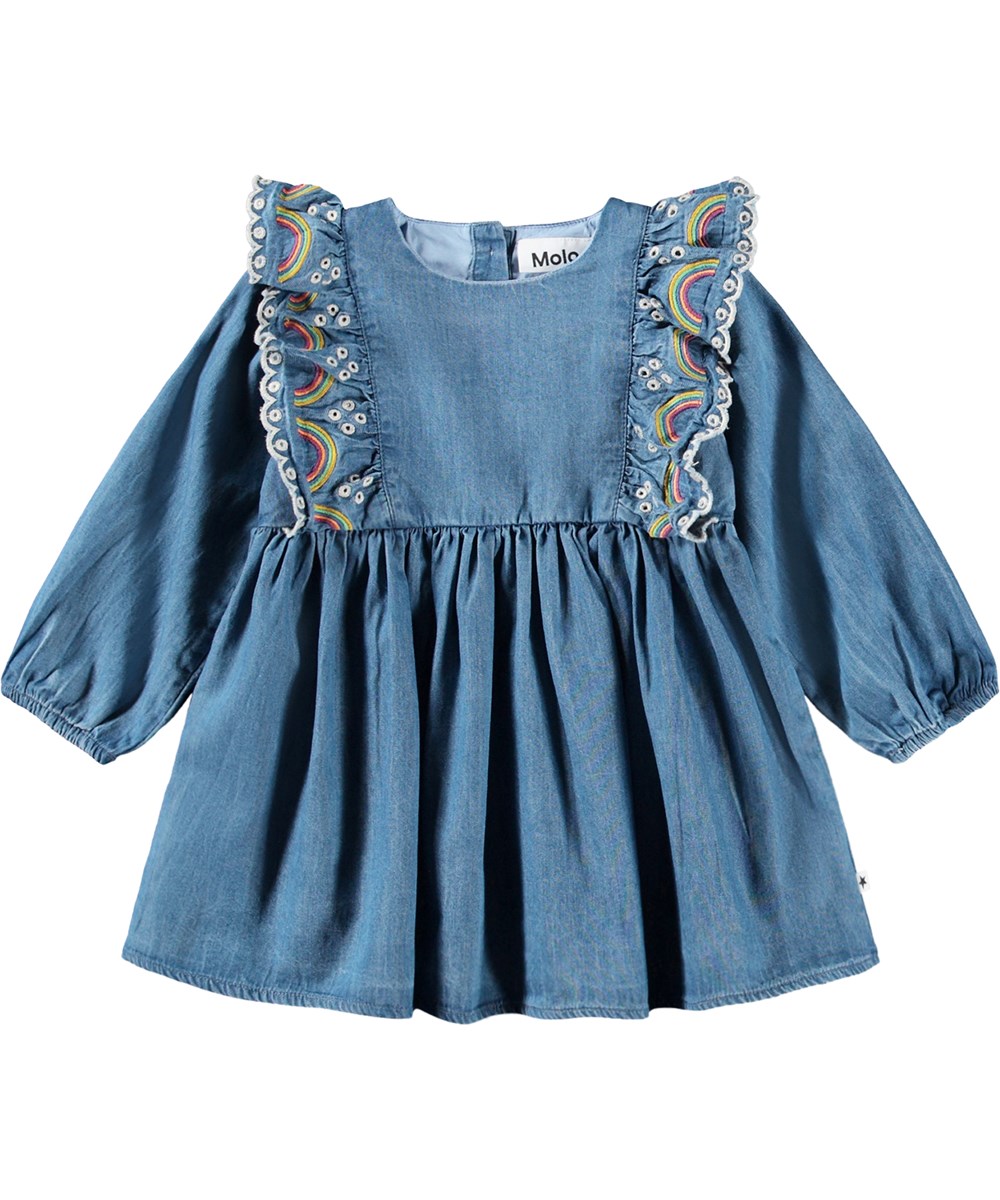 Carlene - Wonder Rainbow - Blaues, langärmliges Kleid für die Kleinen mit Rüschen und Stickerei