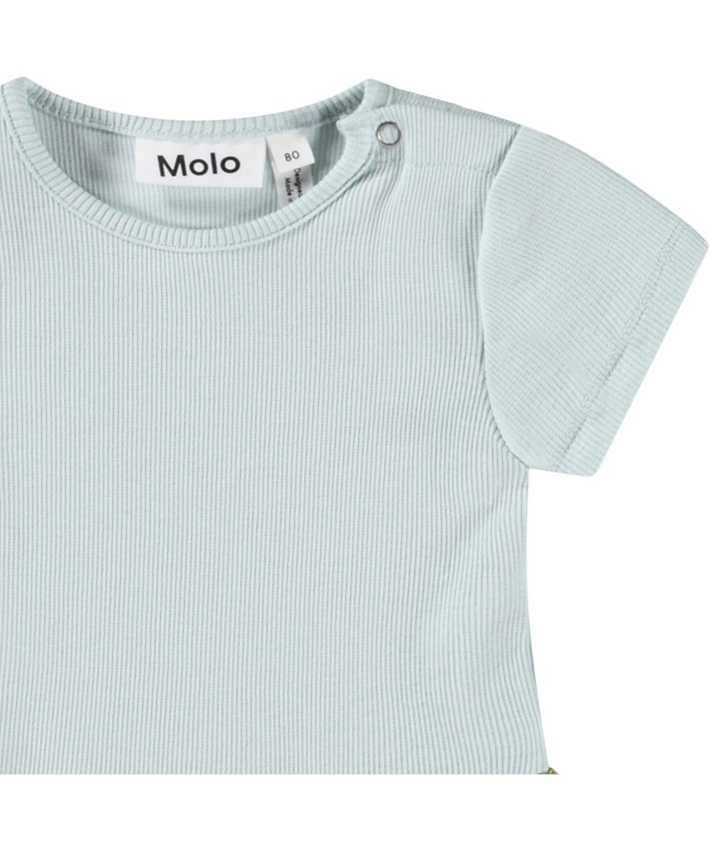 Catja - Meadow Cubs - Kleid für Baby aus Öko-Baumwolle. Das Kleid ist hellblau mit einem bunten Druck von Tierbabys in einem Blumenbeet.