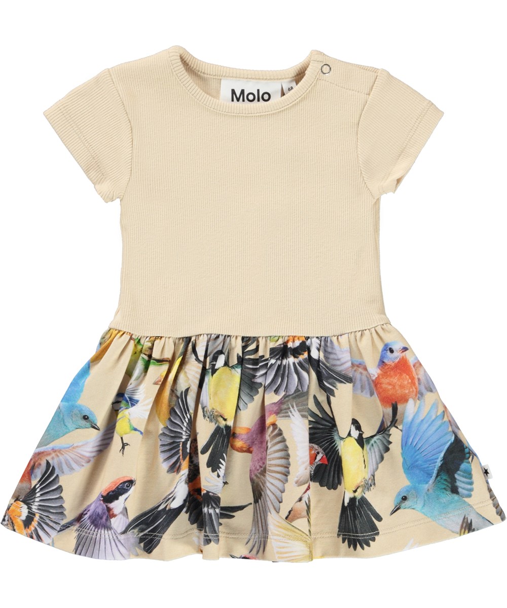 Catja - Whimsical - Ökologisches hellgelbes zweiteiliges Babykleid mit Vögeln