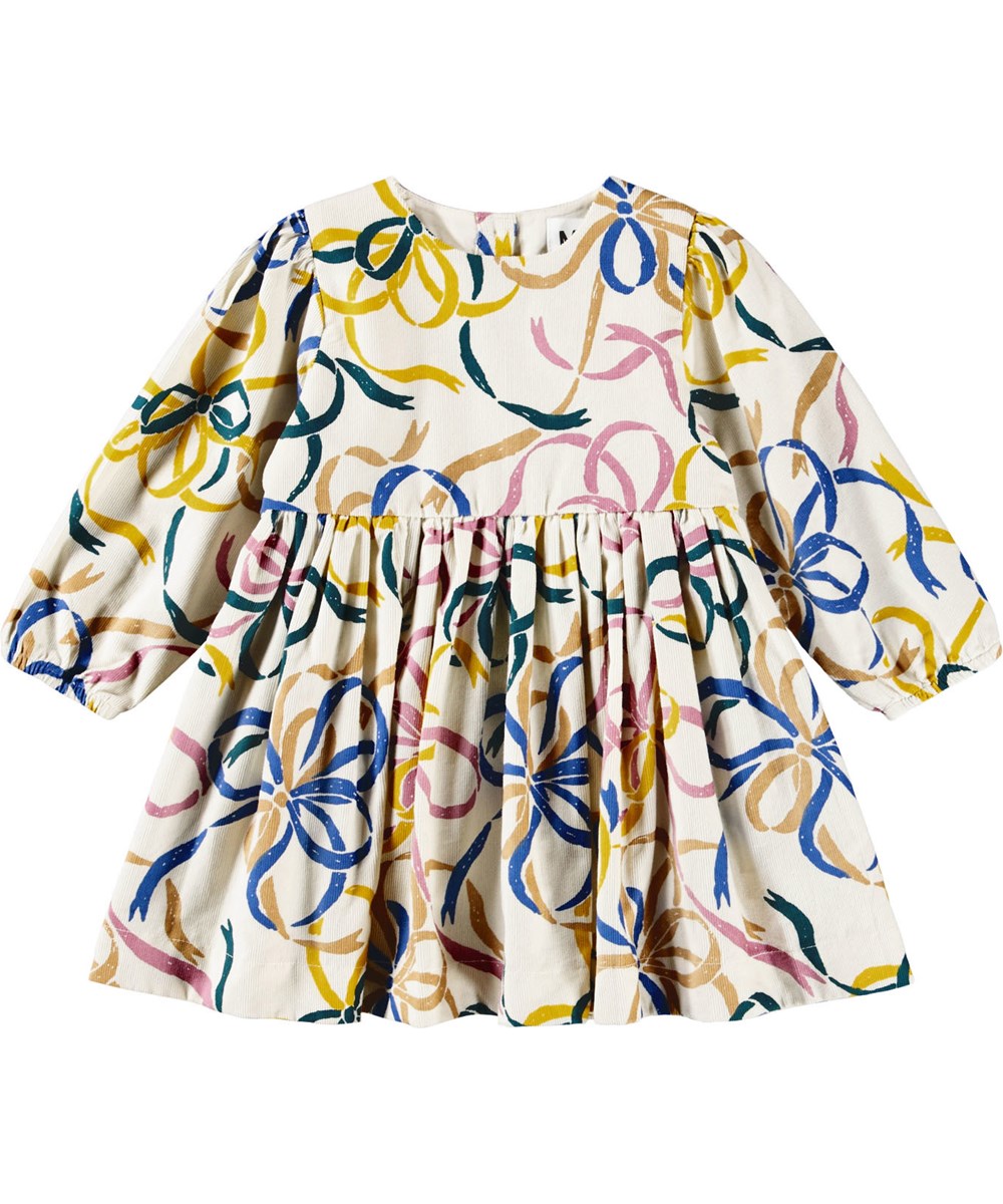 Chantelle - Festivity Bows - Off-weißes Kleid für die Kleinen aus Öko-Baumwoll-Velours mit einem Druck bunter Bänder.