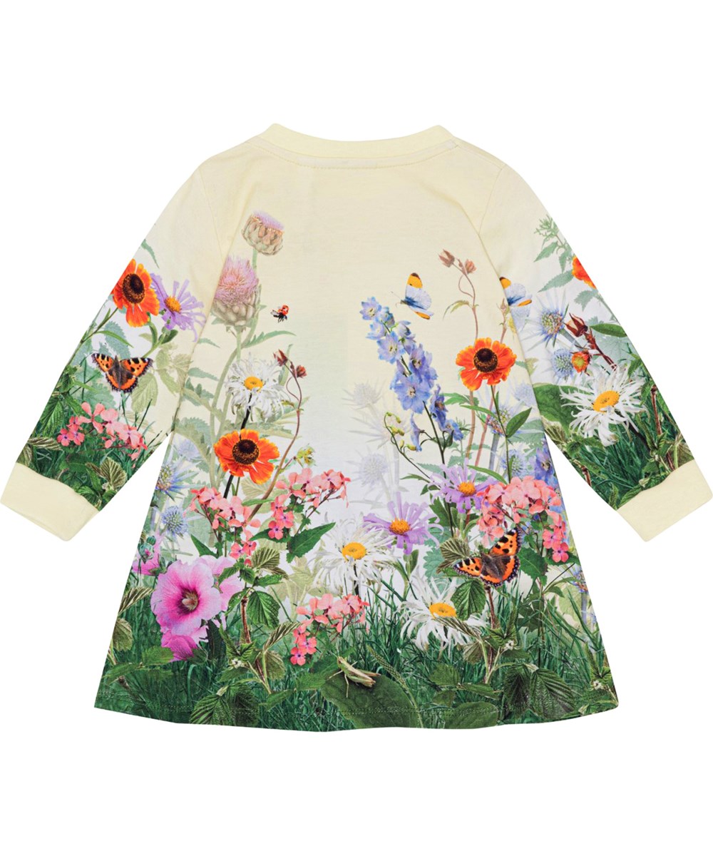 Corey - Garden Dress - Gelbes und grünes Öko-Babykleid mit Blumendruck