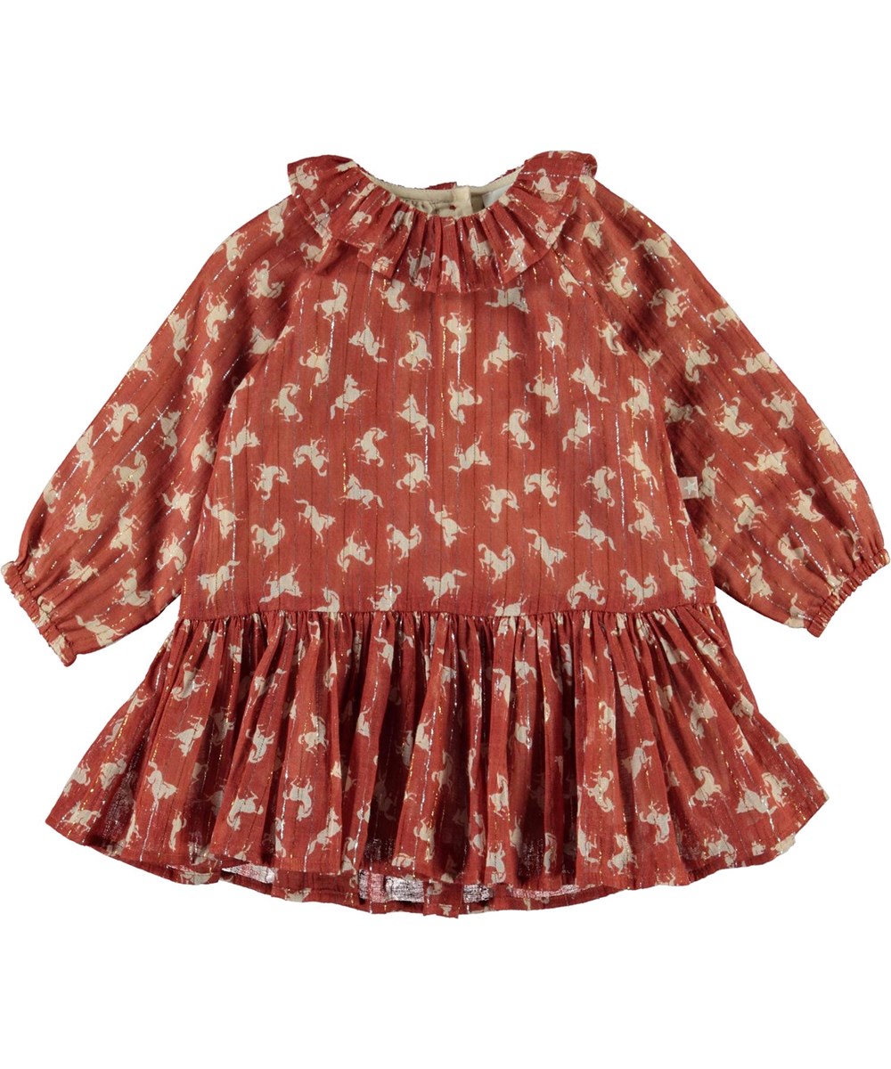 Corinne - Mini Horse Woven - Braunes Babykleid mit Pferden