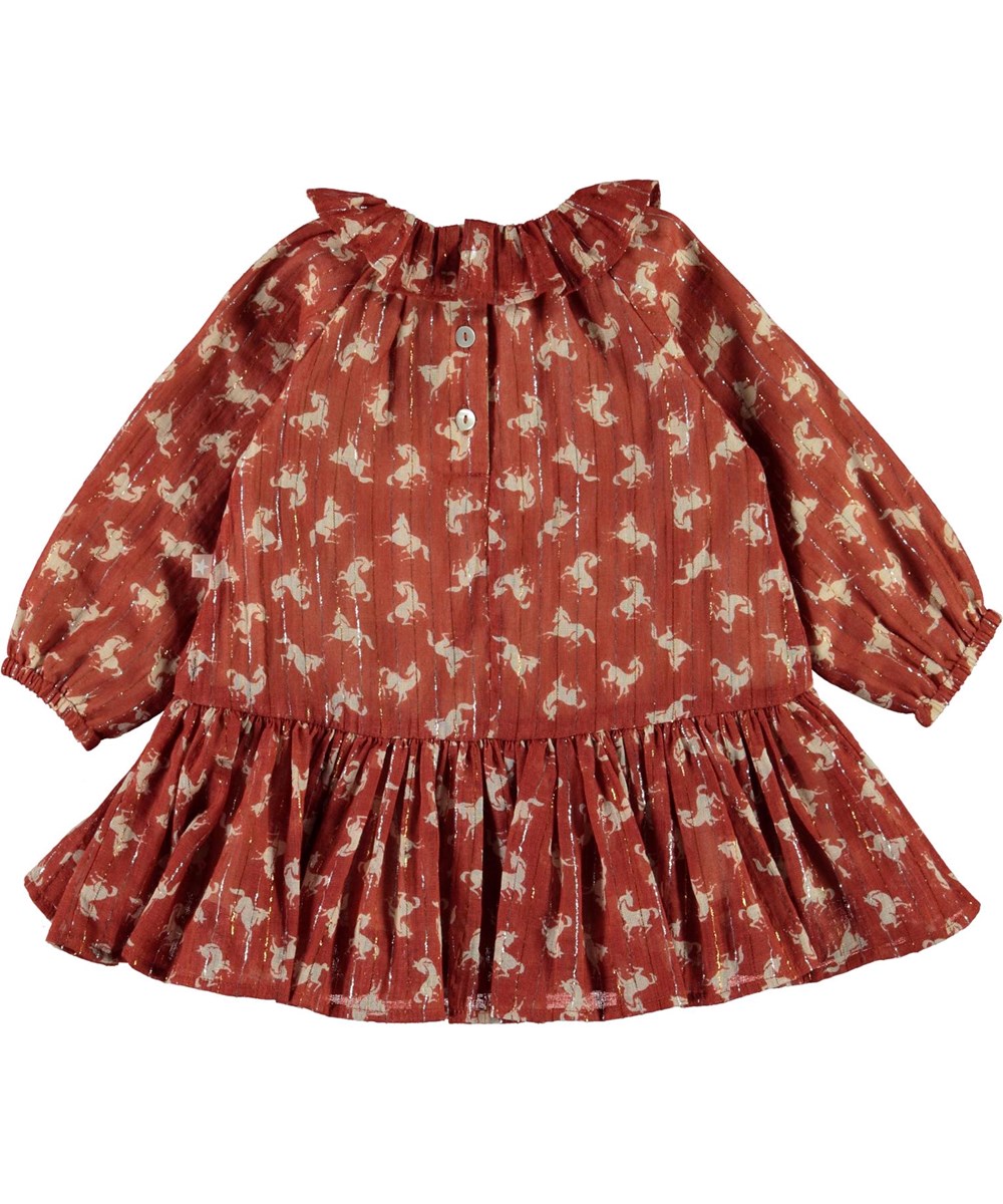 Corinne - Mini Horse Woven - Braunes Babykleid mit Pferden