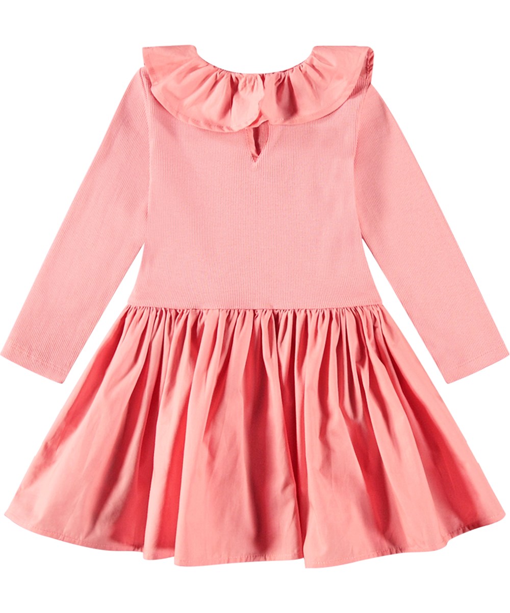 Crystala - Flamingo Plume - Korallfarbenes Kleid aus Öko-Baumwolle mit Popeline-Kragen und -Rock.