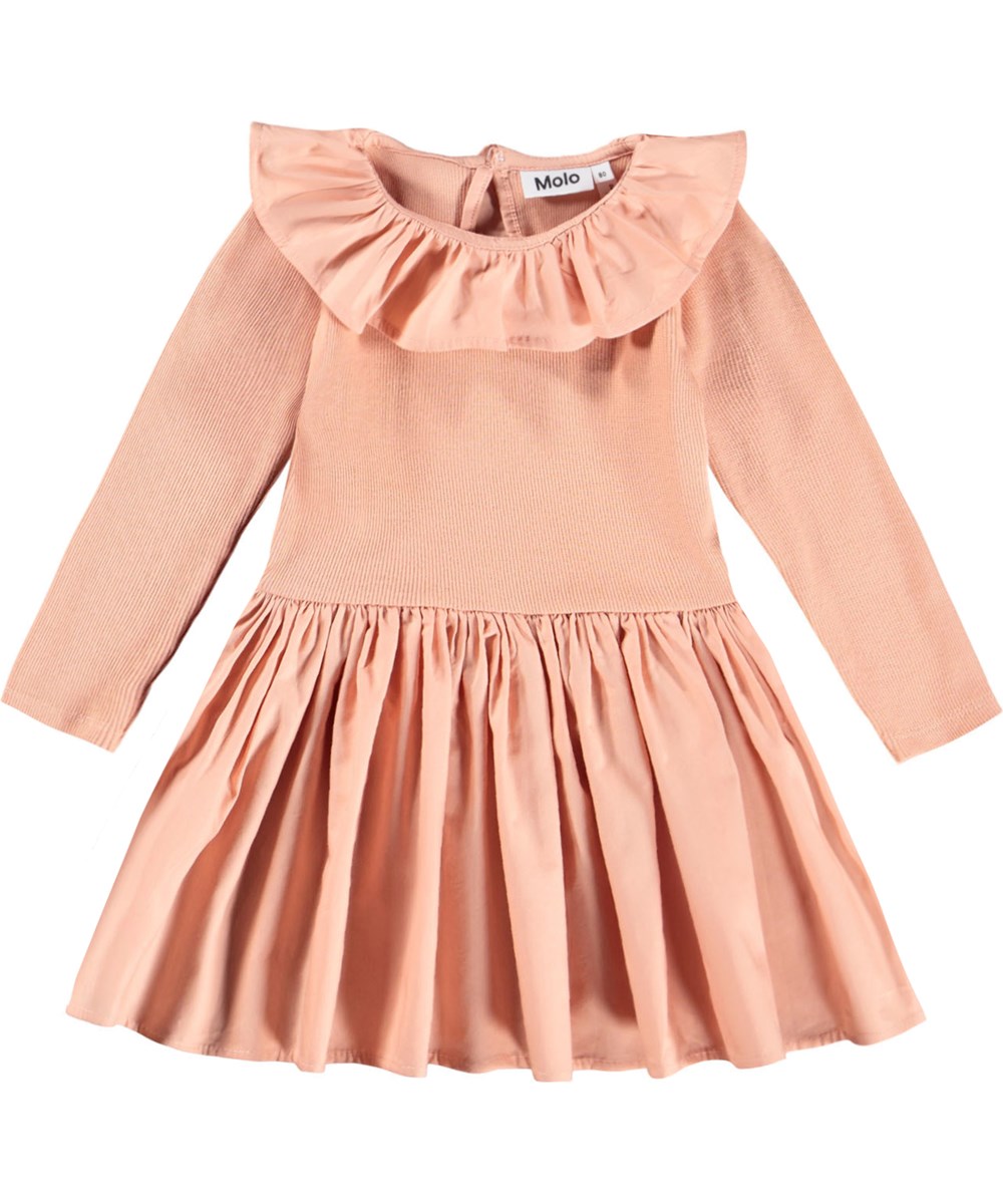 Crystala - Rose Cloud - Rosa Popelinekleid für die Kleinen aus Öko-Baumwolle. Das Oberteil ist aus Rippenjersey und der Kragen sowie der Rock aus Popeline.