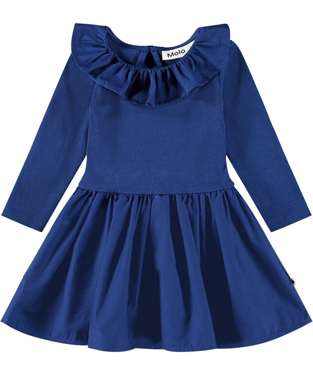 Crystala - Vibrant Blue - Marineblaues Kleid aus Öko-Baumwolle mit langen Ärmeln, Popeline-Kragen und voluminösem Rock.