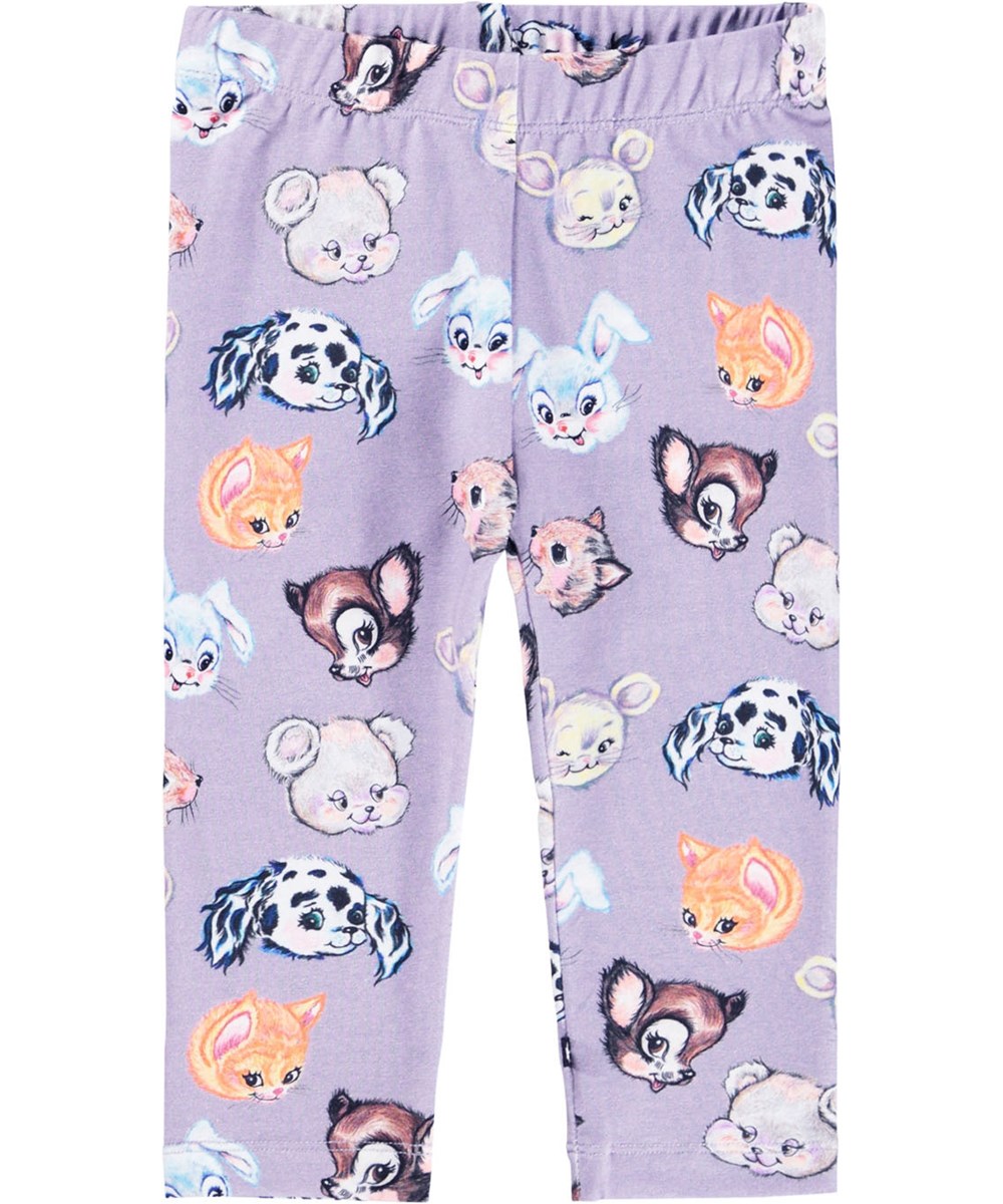 Stefanie - Itty Bitty - Hellviolette Leggings für die Kleinen aus Öko-Baumwolle mit einem Aufdruck von gezeichneten Tieren.