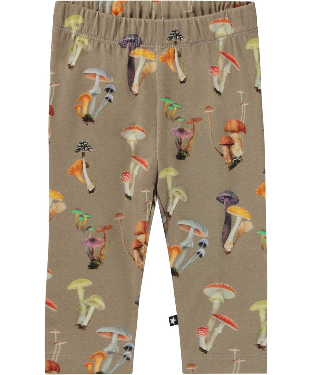 Stefanie - Mini Fungi - Öko-Baby-Leggings in Beige mit Pilzdruck