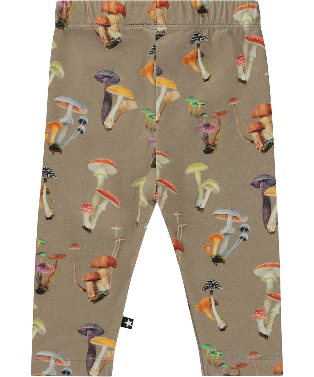 Stefanie - Mini Fungi - Öko-Baby-Leggings in Beige mit Pilzdruck