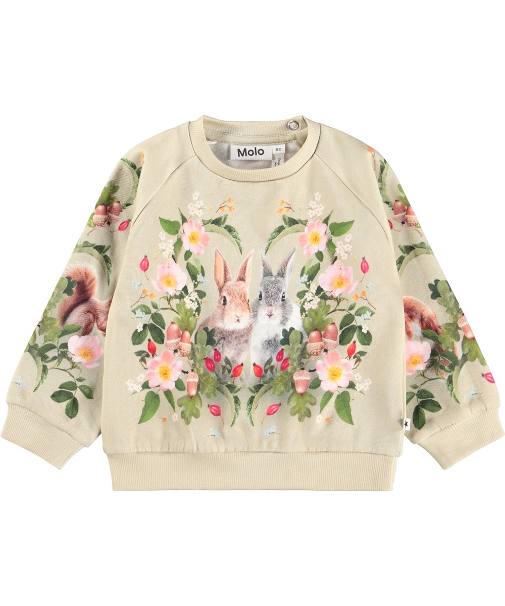 Disc - Forest Bunny - Öko-hellgrüner Baby-Sweatshirt mit einem Hasen- und Blumendruck.