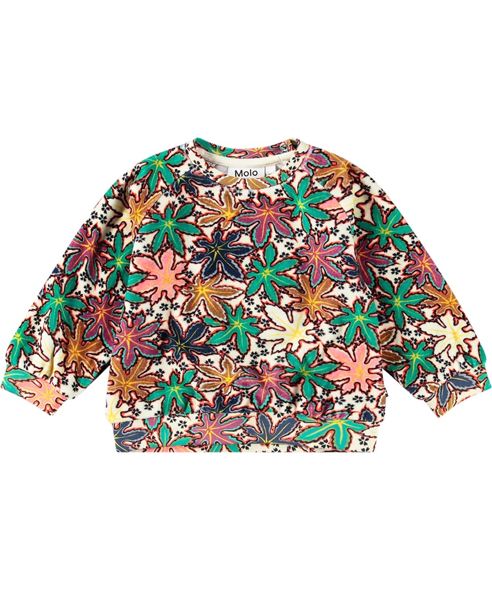 Disc - Leafy Light - Mehrfarbiges Öko-Baumwoll-Velours-Sweatshirt mit Ahornblatt-Druck.