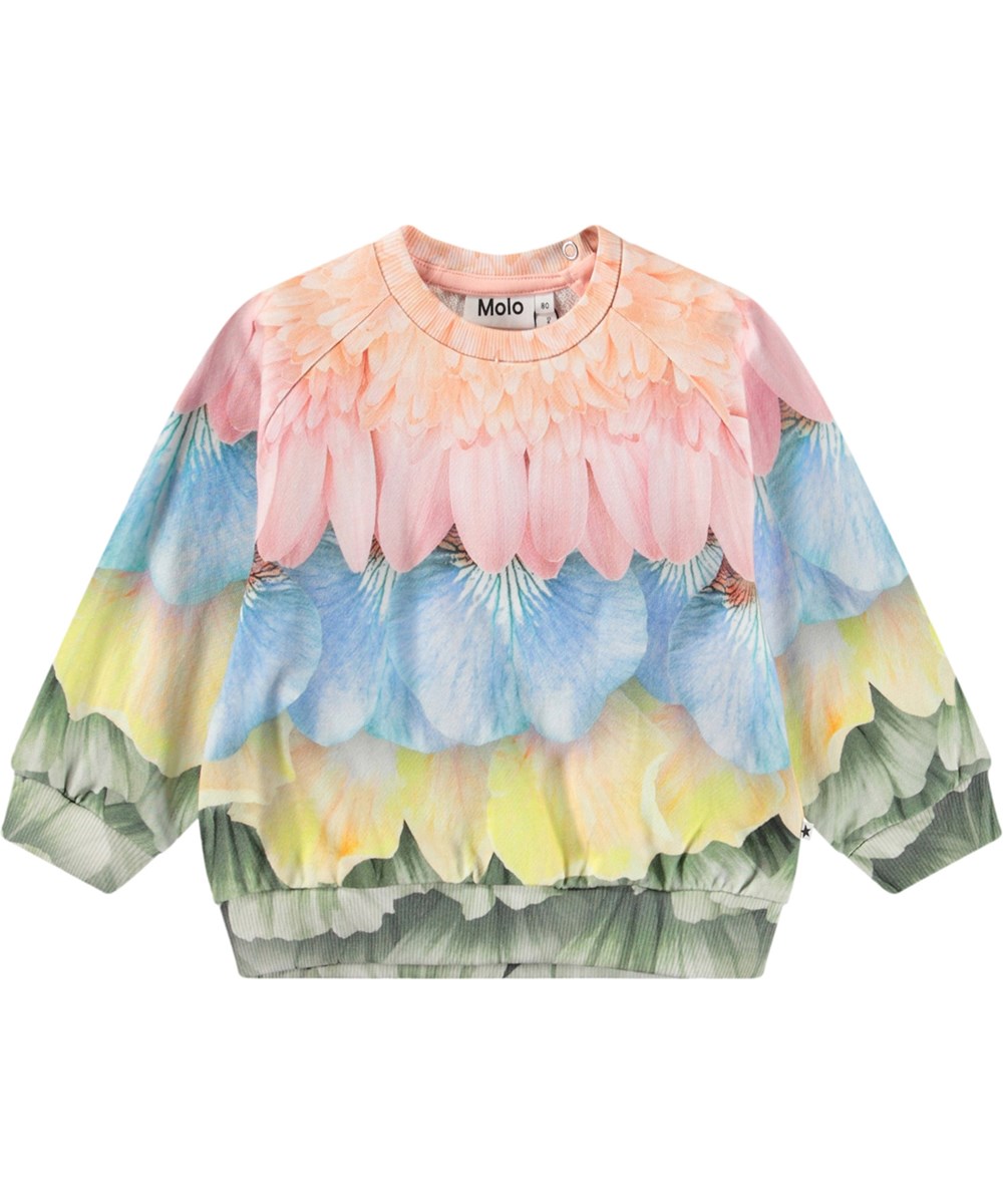 Disc - Petal Rainbow - Organischer mehrfarbiger Baby-Sweatshirt mit Feder- und Blattmuster.