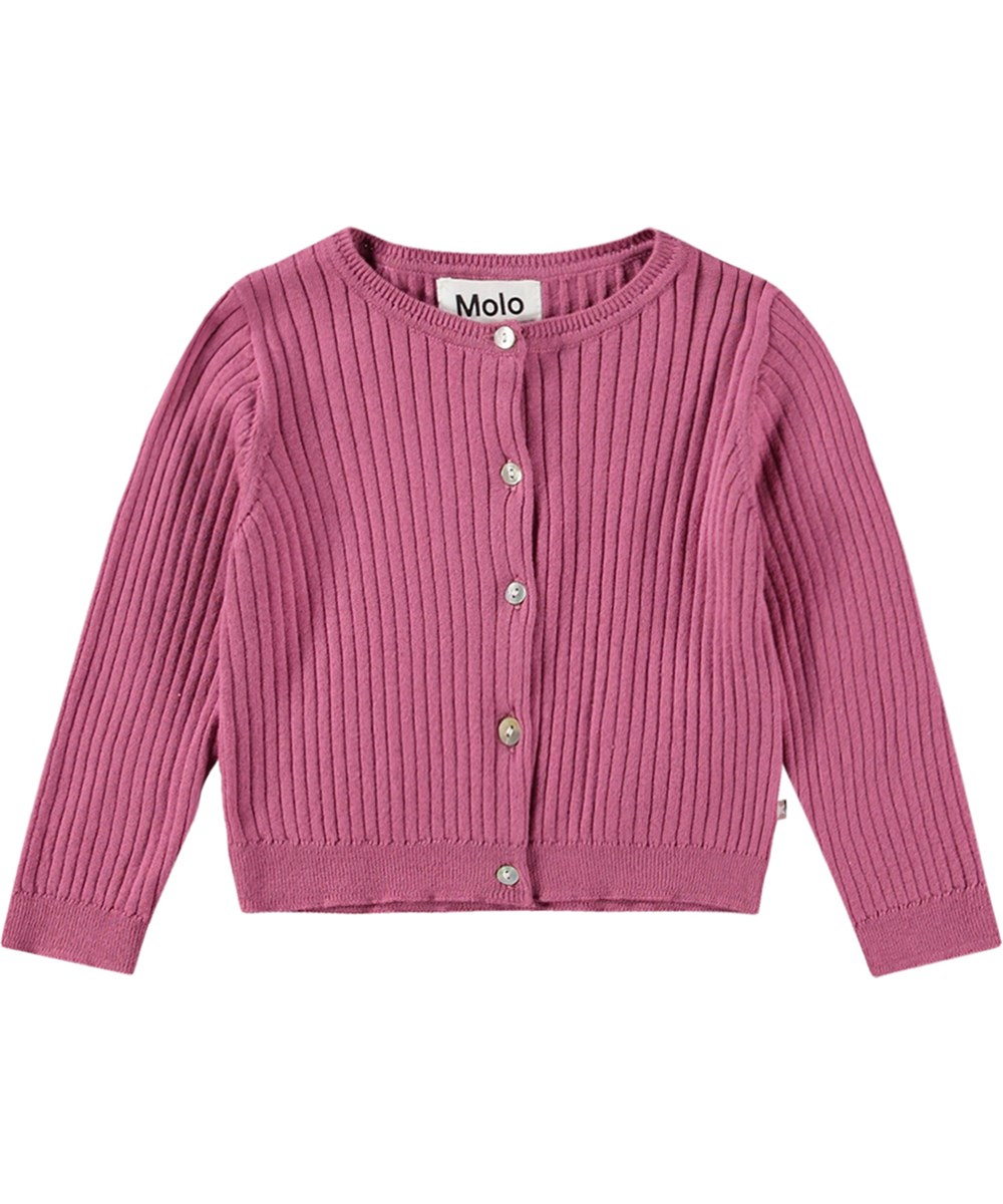 Gabby - Dark Rose - Zarter lila Strickcardigan aus Öko-Baumwolle mit gerippten Abschlüssen.