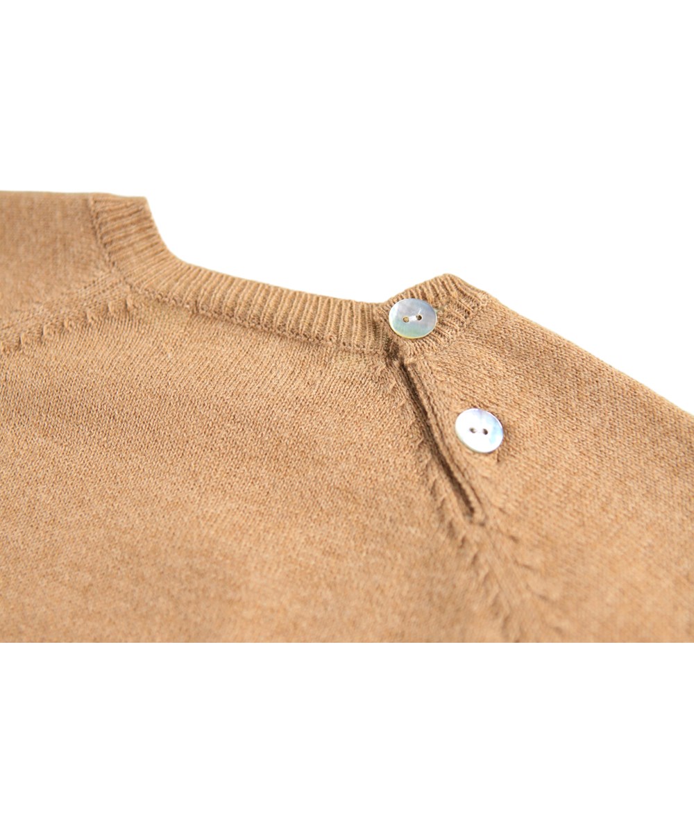 Galena - Pomeranian - Gestrickter Pullover für die Kleinen aus einer Mischung aus Wolle und Baumwolle mit einem eingewebten Hundegesicht.