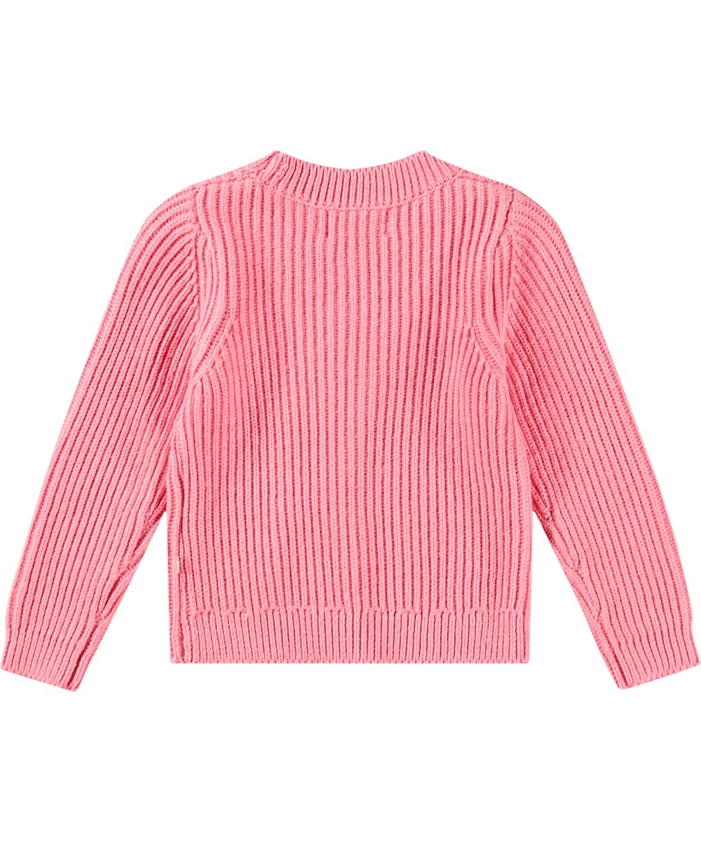 Gisella - Flamingo Plume - Schöner rosa gestreifter Cardigan mit geripptem Strick und Knopfverschluss.