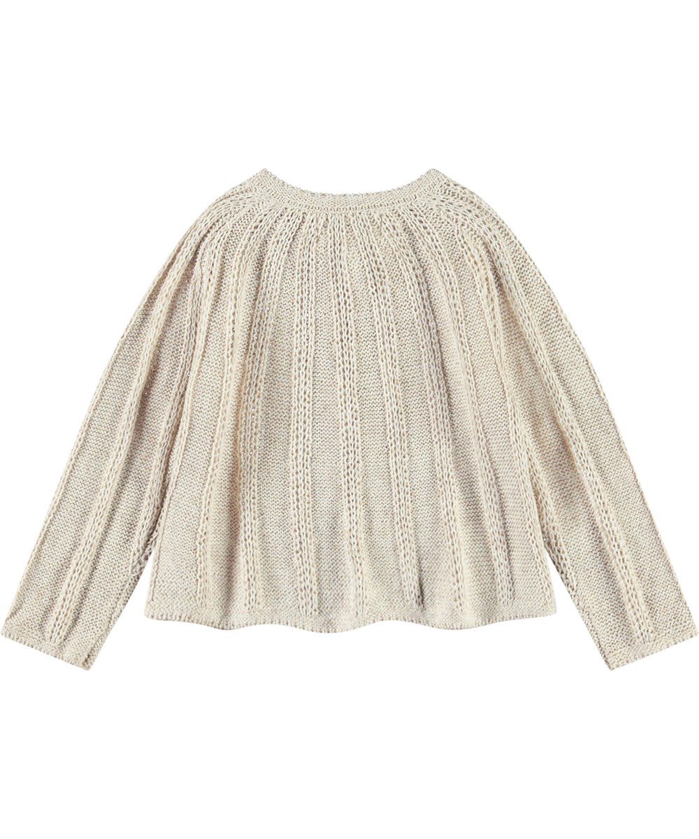 Grit - Sand Melange - Beiger gestreifter Cardigan für Babys. Schönes gestreiftes Muster und lockere A-Linie Form.