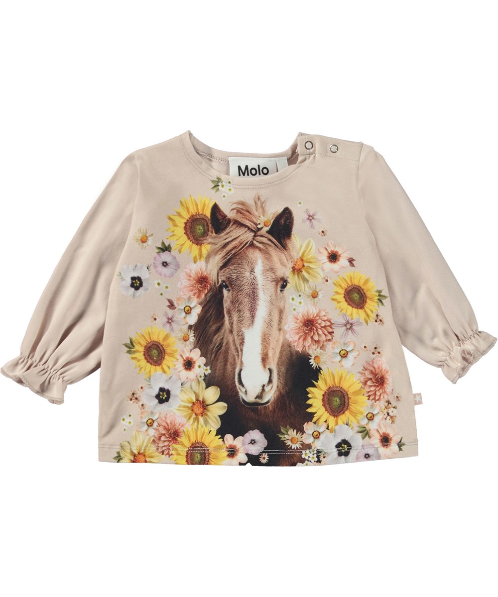 Elina - Flower Horse - Rosa Öko-Babypullover mit Pferde- und Blumendruck