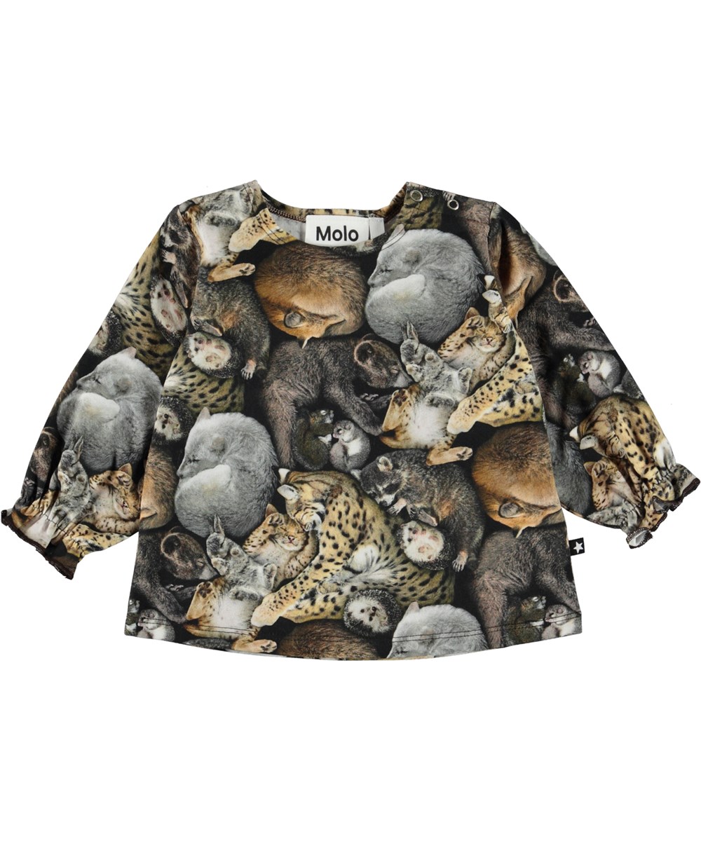 Elina - Hibernation - Öko-Babyshirt mit Aufdruck von schlafenden Tieren