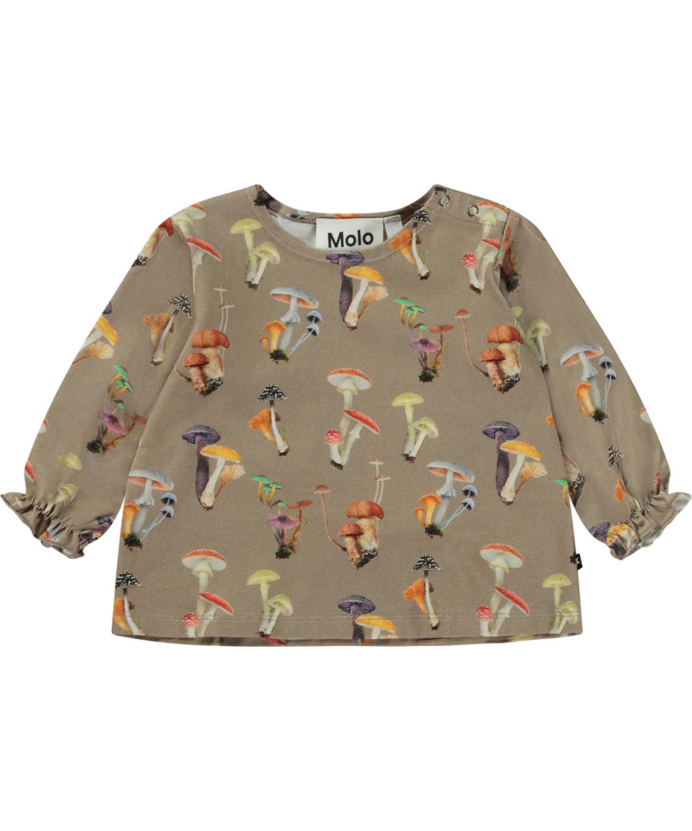 Elina - Mini Fungi - Öko-Babypullover in Beige mit Pilzdruck