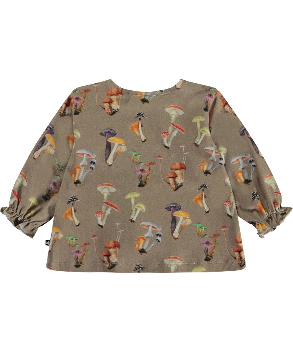 Elina - Mini Fungi - Öko-Babypullover in Beige mit Pilzdruck