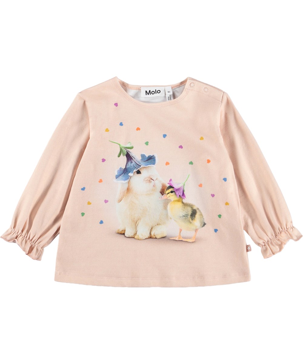 Elina - Mini Party - Langärmliges, rosa Oberteil für die Kleinen aus Bio-Baumwolle mit Tiermuster und Rüschendetails