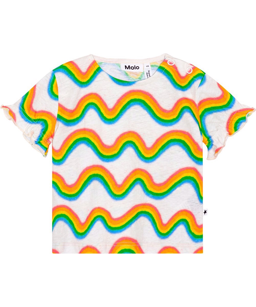 Eline - Rainbow Mini - Weiß meliertes T-Shirt für die Kleinen mit Allover-Print von Molos ikonischem Regenbogen