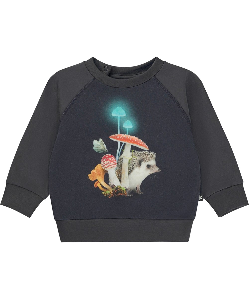 Elsa - Fungi Group - Grauer Öko-Baby-Pullover mit Pilz- und Igel-Print
