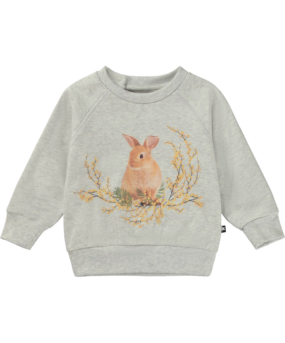 Elsa - Mimosa Rabbit - Hellgrauer Öko-Baby-Pullover mit Kaninchenaufdruck