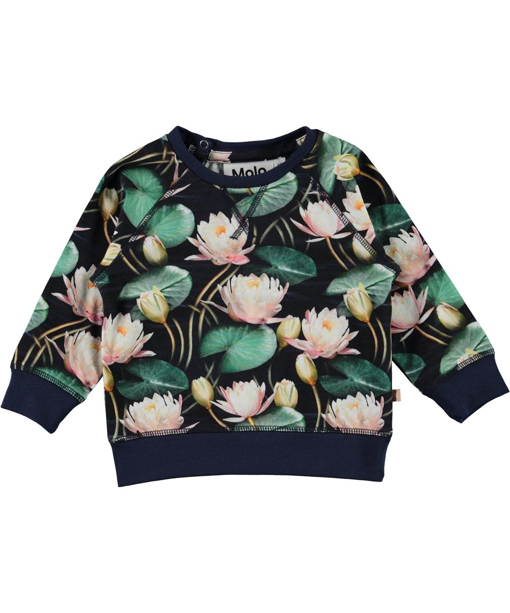 Elsa - Water Lilies - Öko-Babypullover mit Aquarelldruck
