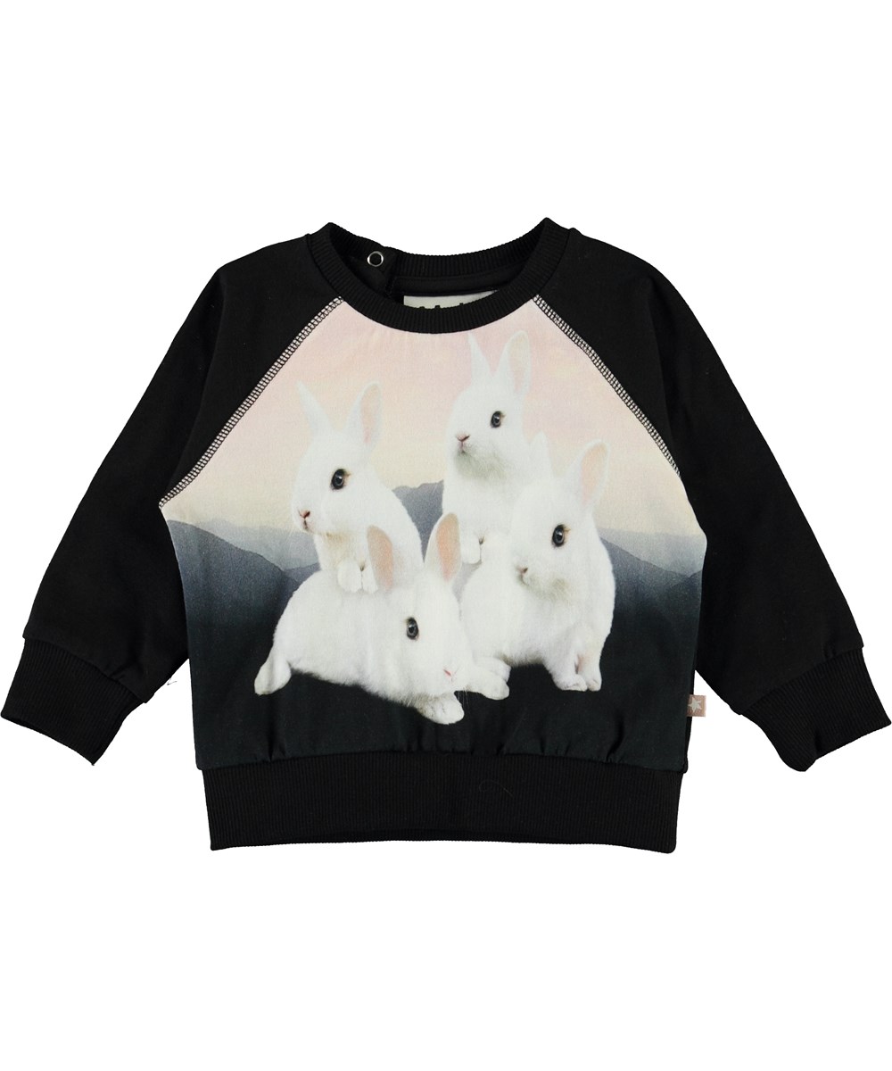 Elsa - White Bunnies - Schwarze Öko-Babybluse mit Kaninchen