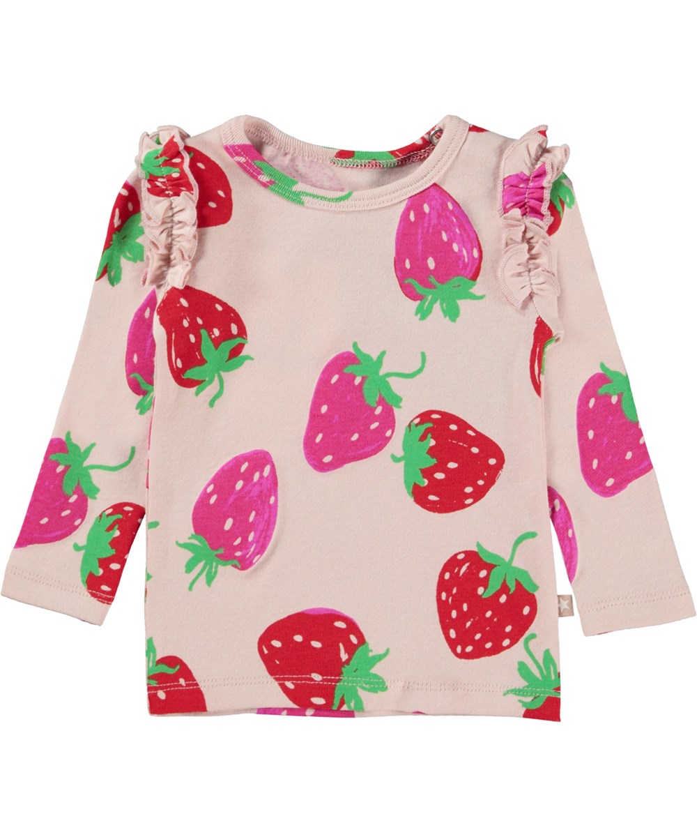 Emma - Strawberries Mini - Rosa Öko-Babybluse mit Rüschen und Erdbeerdruck